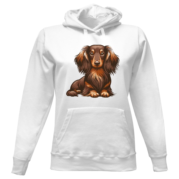 Dámská mikina s kapucí s potiskem Hnědý dlouhosrstý jezevčík 
