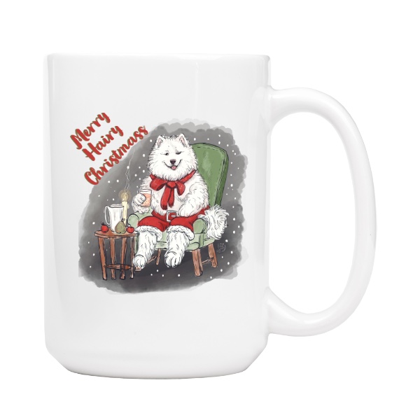 Hrnek velký s potiskem Merry hairy Christmass Samoyed2