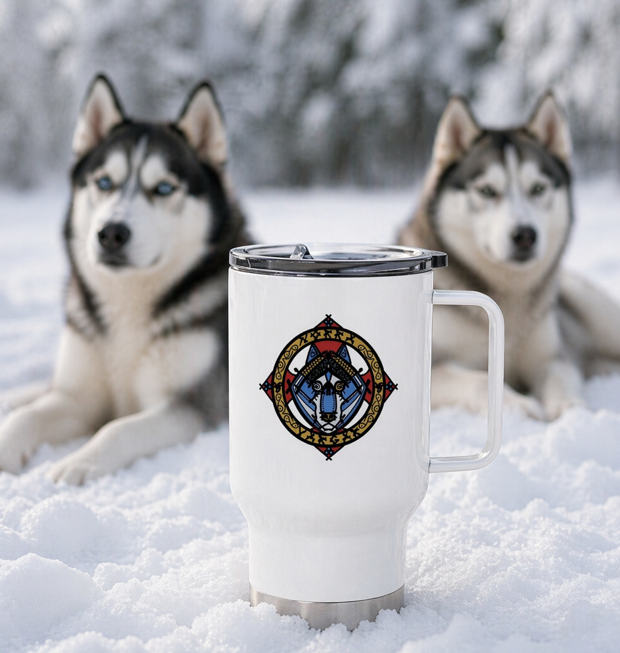 Cestovní termohrnek s uchem s potiskem Norra Vargar Siberians logo 